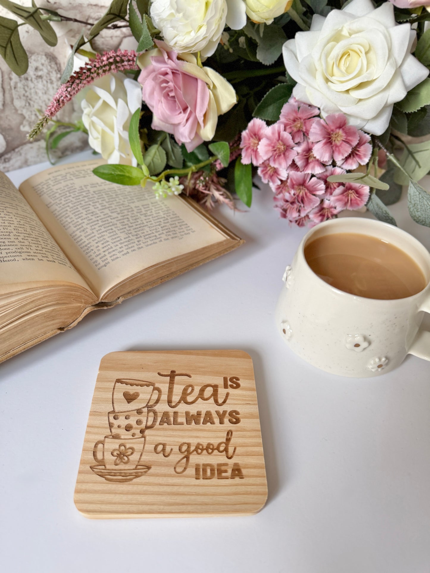 Tea good idea wooden engraved coaster