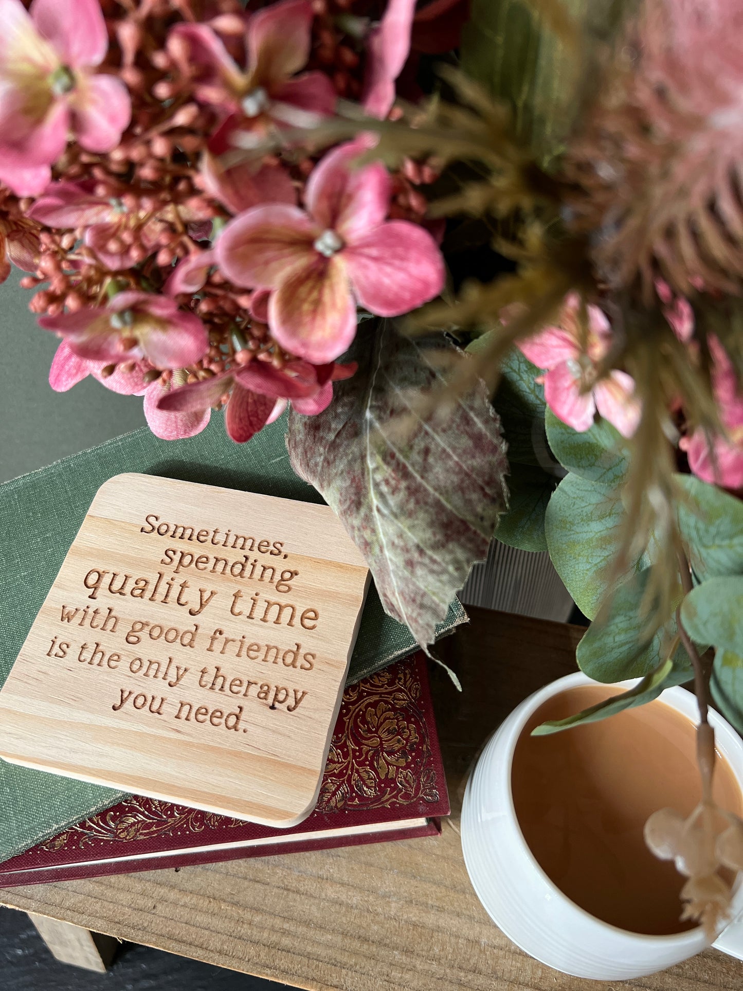 Quality time with friends engraved wooden coaster